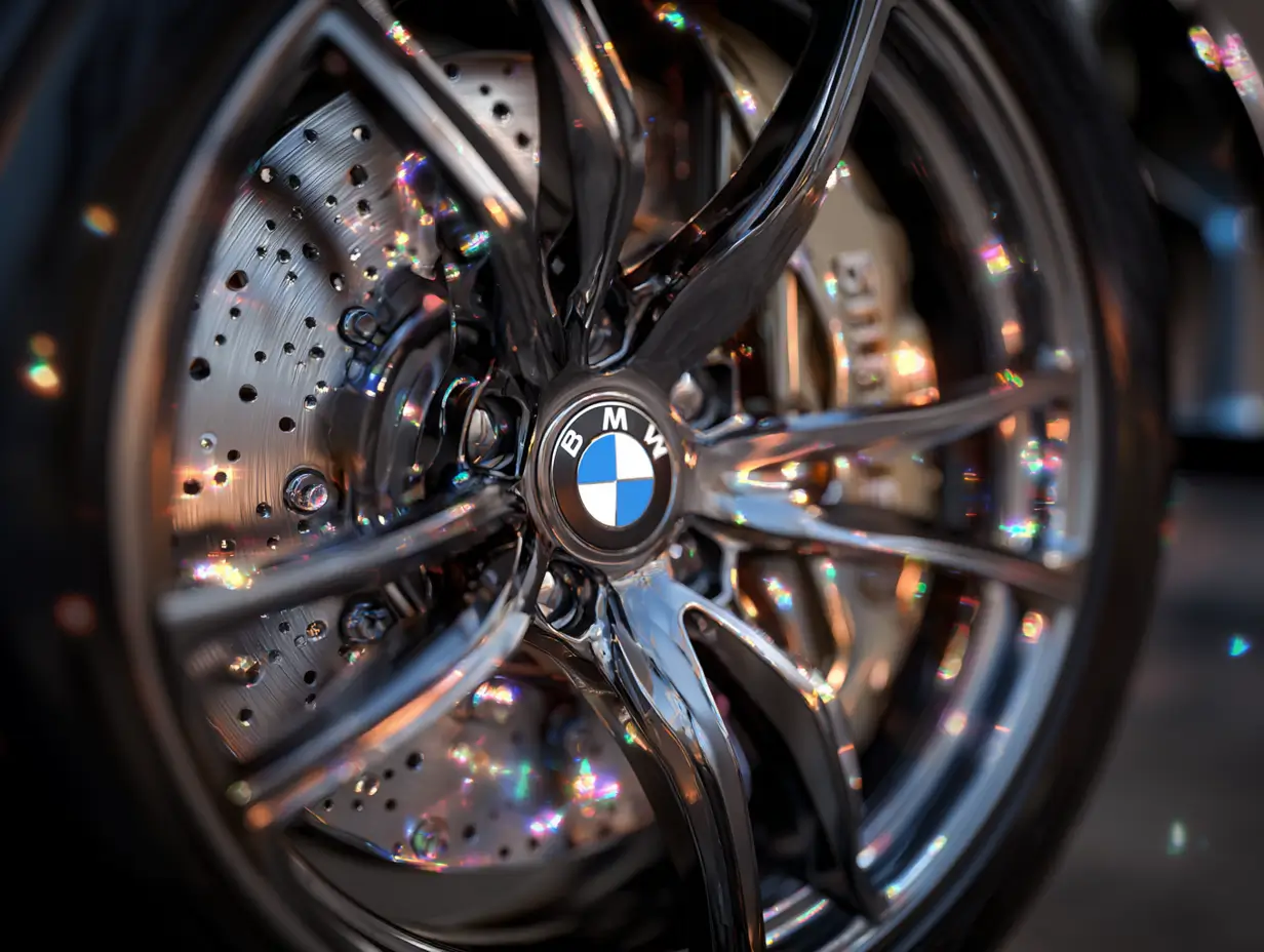 Close-up of a wet, shiny BMW car wheel with the logo visible, reflecting colorful light.