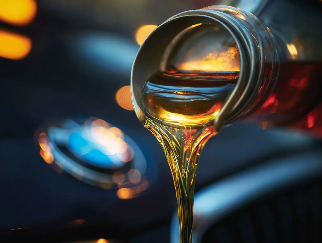 Golden automotive oil pouring from a partially visible container with blurred light reflections in the background.