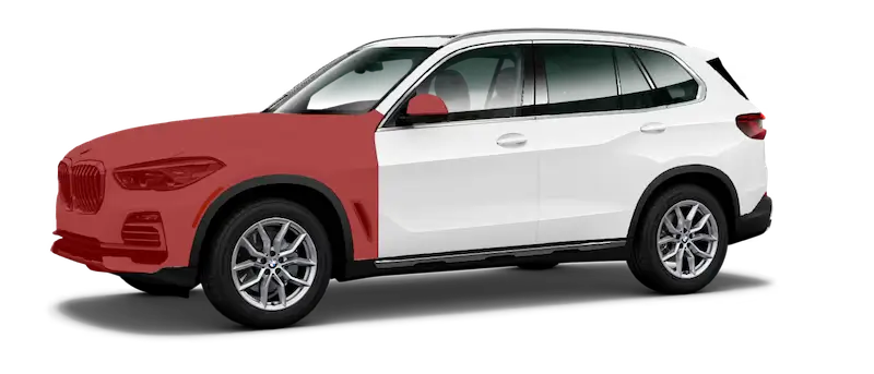 Driver's side view of a white SUV with the front quarter, including the hood, fender, and bumper, highlighted in red.