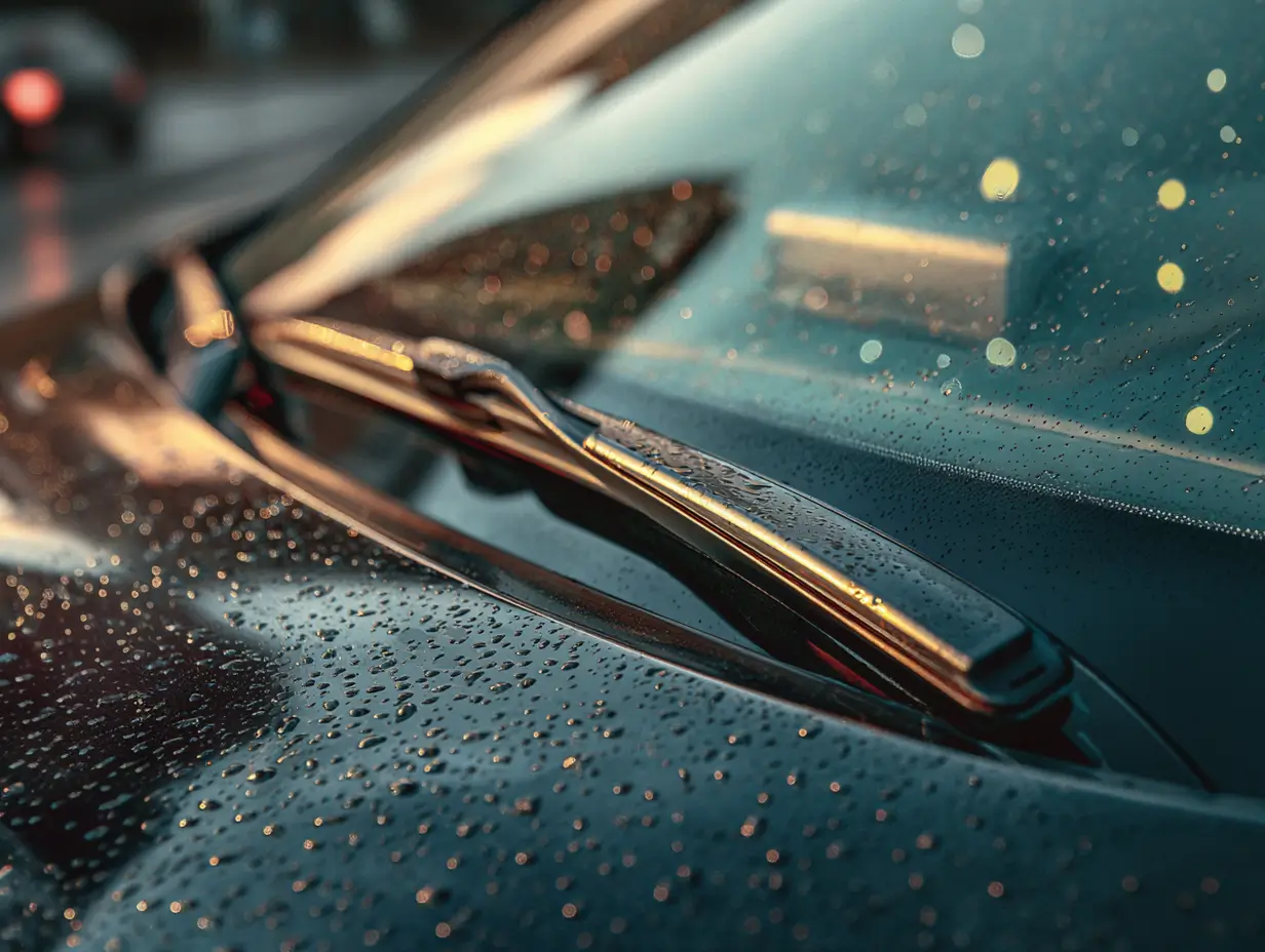 Detail of a car windshield and hood covered in raindrops, reflecting warm yellow streetlights.